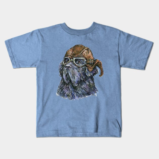 Aviator Newf in Leather Flying Helmet and Goggles Kids T-Shirt by Prairie Dog Print